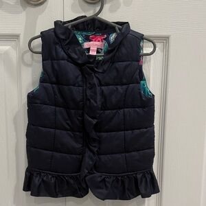 Girls Navy Puffer Vest with Ruffle Trim